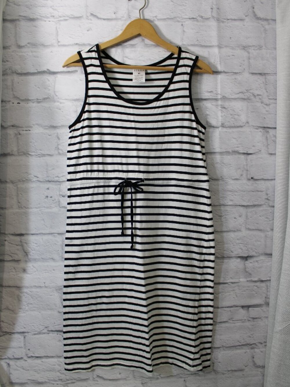 Serra Medium Black Striped Sleeveless Lightweight Drawstring Waist Summer Dress